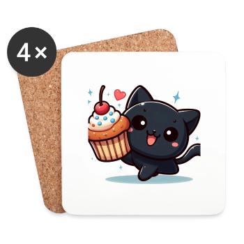 Sweet Kitty Black Cheerful with Muffin - Coasters (set of 4) - white - Front