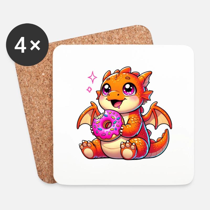 Bezaubernder Drache mit Donut - Comic Kunstwerk - Untersetzer (4er-Set) - Weiß