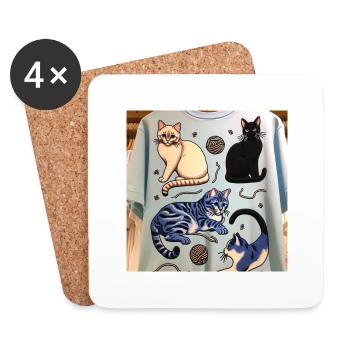 T-SHIRT mit Katzenmotiven - Untersetzer (4er-Set) - Weiß - Vorne