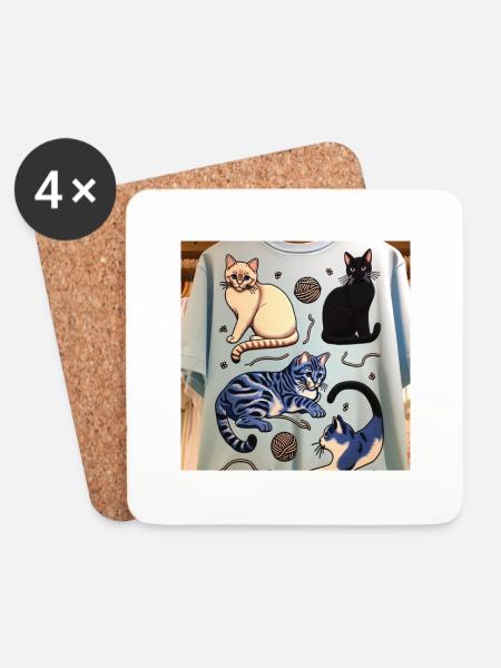 T-SHIRT mit Katzenmotiven - Untersetzer (4er-Set) - Weiß