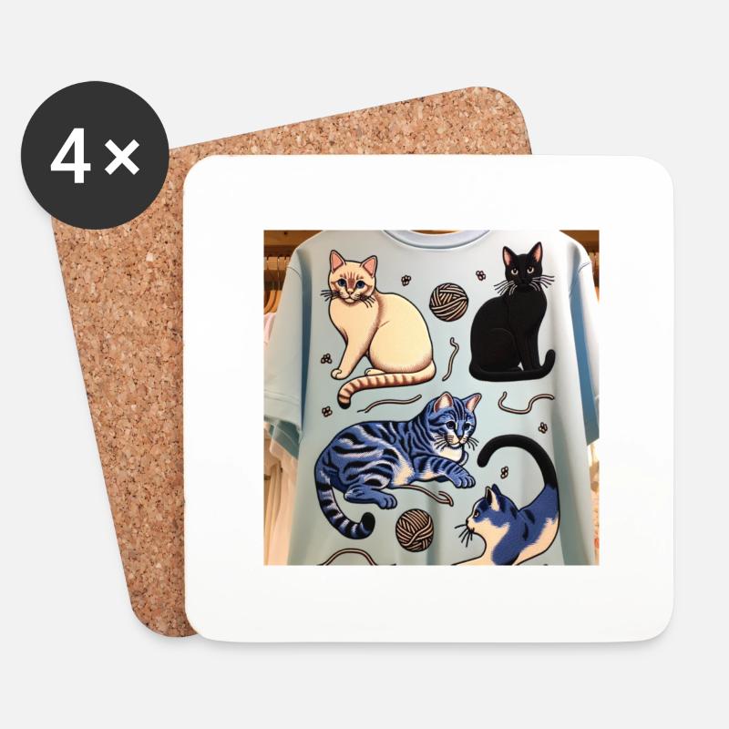 T-SHIRT mit Katzenmotiven - Untersetzer (4er-Set) - Weiß
