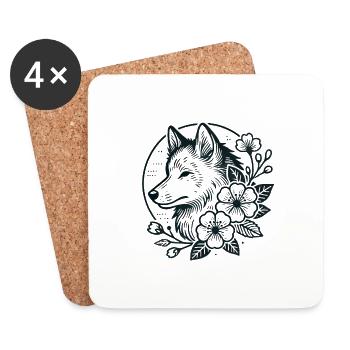 Wolf and Floral Fusion Illustration - Coasters (set of 4) - white - Front