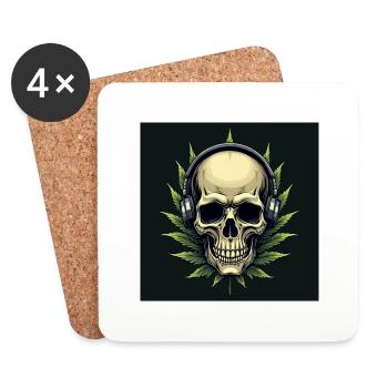 Skull With Headphones On His Head With A Weed Leaf - Coasters (set of 4) - white - Front