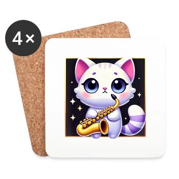 Conception de dessin animé de chat de saxophone mignon - Dessous de verre (lot de 4) - blanc - Devant