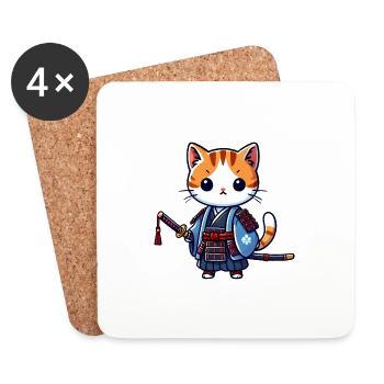 Samurai Cat in Blue Robes with Katana - Coasters (set of 4) - white - Front