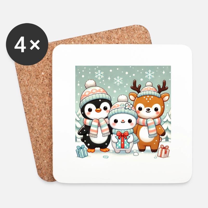 Niedliche Tiere im Winteroutfit - Untersetzer (4er-Set) - Weiß
