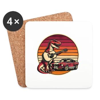 Retro TRex Gitarrist mit Sportwagen - Untersetzer (4er-Set) - Weiß - Vorne