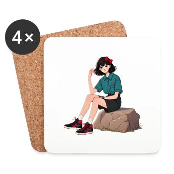 Retro-Mädchen mit roter Schleife Illustration - Untersetzer (4er-Set) - Weiß - Vorne