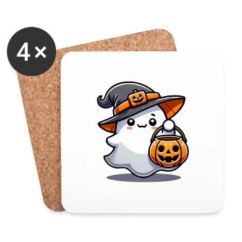 Fantôme mignon avec chapeau de sorcière citrouille - Dessous de verre (lot de 4) - blanc - Devant