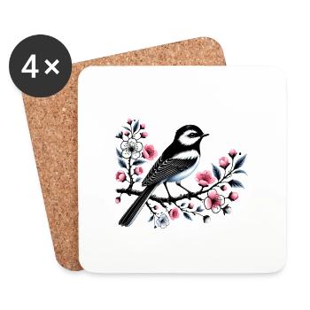 Chicadee auf blühendem Ast Design - Untersetzer (4er-Set) - Weiß - Vorne
