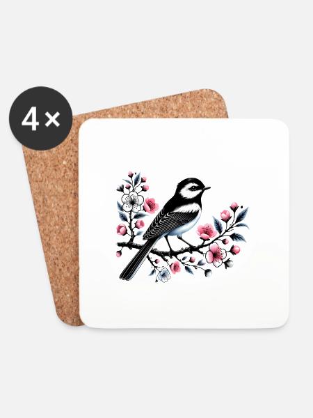 Chicadee auf blühendem Ast Design - Untersetzer (4er-Set) - Weiß
