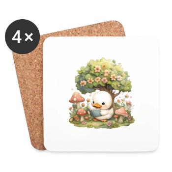Kawaii Duck Reading Under Tree Mushrooms - Coasters (set of 4) - white - Front