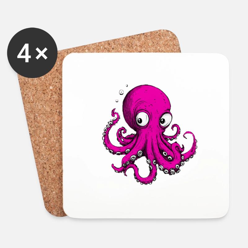 Octopus Drawing Pink - Coasters (set of 4) - white