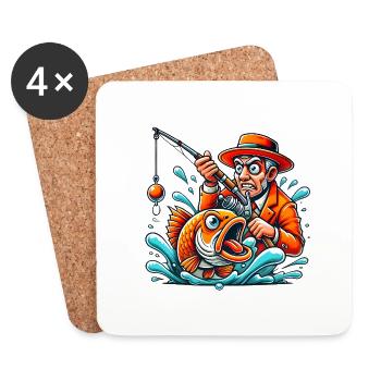 Pêcheur drôle et poisson en colère dessin animé - Dessous de verre (lot de 4) - blanc - Devant