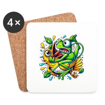Lustiger Frosch, der sich an Vogel klammert Karikatur - Untersetzer (4er-Set) - Weiß - Vorne