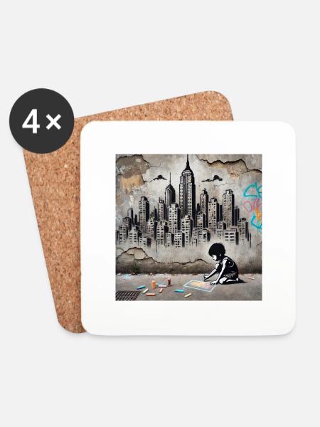 Kein Banksy - Die Stadt in Kinderhand - Untersetzer (4er-Set) - Weiß