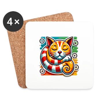 Conception d'autocollant PopArt de chat endormi - Dessous de verre (lot de 4) - blanc - Devant