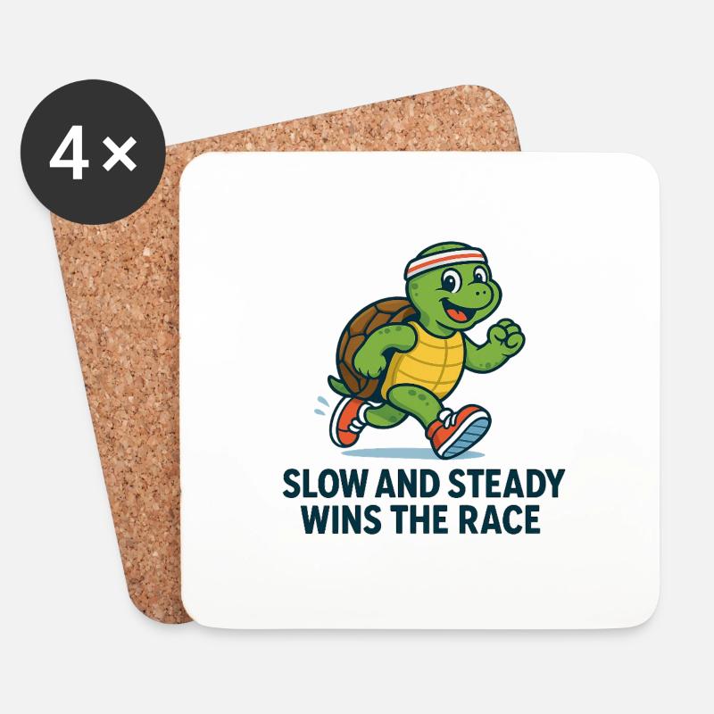 Lustiges Schildkröten Laufshirt – Slow & Steady - Untersetzer (4er-Set) - Weiß