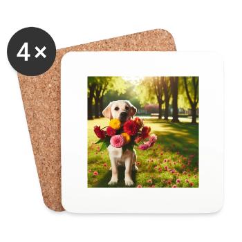 Chien qui porte des fleurs dans une forêt - Dessous de verre (lot de 4) - blanc - Devant