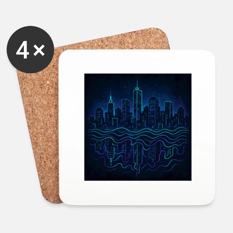 Neon Skyline mit Spiegelung - Untersetzer (4er-Set) - Weiß