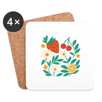 Fruchtblüte – Florales Design mit Erdbeere, Kirsch - Untersetzer (4er-Set) - Weiß - Vorne