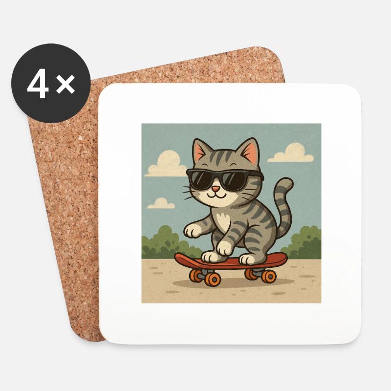Coole Katze auf Skateboard - Untersetzer (4er-Set) - Weiß