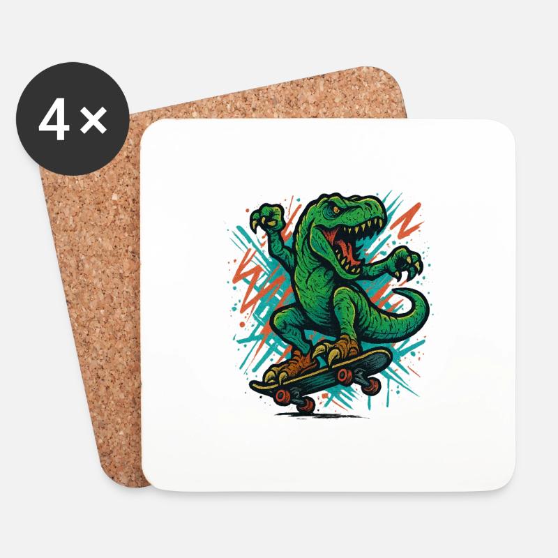Dino mit Skateboard - Untersetzer (4er-Set) - Weiß