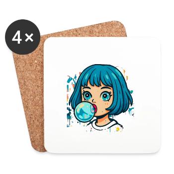cheveux bleus, fille, chewing-gum, japonais, kawaii - Dessous de verre (lot de 4) - blanc - Devant