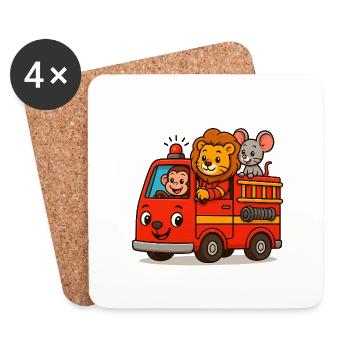 Camion de pompiers Singe Souris Lion Enfants Bébés Mignon - Dessous de verre (lot de 4) - blanc - Devant