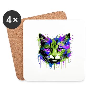 Katze Kopf Porträt Bunt - Untersetzer (4er-Set) - Weiß - Vorne