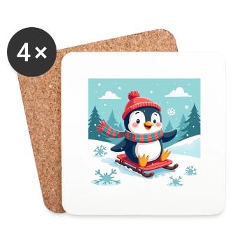Lachender Pinguin auf dem Schlitten – Winterspaß - Untersetzer (4er-Set) - Weiß - Vorne