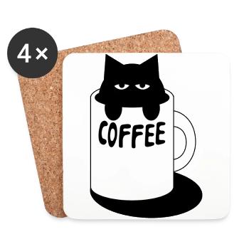 Kaffeekatze, Katze im Kaffeebecher - Untersetzer (4er-Set) - Weiß - Vorne