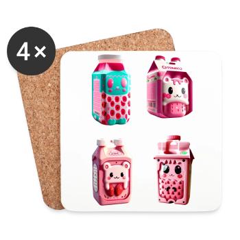 Carton de lait de fraise kawaii - Dessous de verre (lot de 4) - blanc - Devant