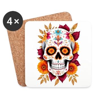 Tête de mort mexicaine sugar skull calavera fleurs - Dessous de verre (lot de 4) - blanc - Devant