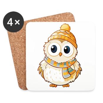 Chouette mignonne avec écharpe et chapeau à pompon. - Dessous de verre (lot de 4) - blanc - Devant