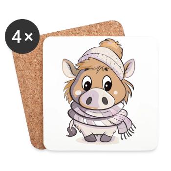 Niedliches Wildschwein mit Schal und Pudelmütze. - Untersetzer (4er-Set) - Weiß - Vorne