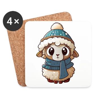 Mouton mignon avec écharpe et chapeau à pompon. - Dessous de verre (lot de 4) - blanc - Devant