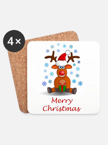 Frohe Weihnachten, Merry Christmas, Rentier, Elch - Untersetzer (4er-Set) - Weiß