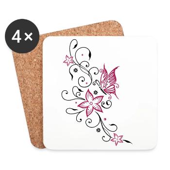 Flowers with filigree floral ornament, butterfly - Coasters (set of 4) - white - Front