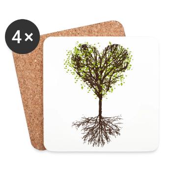 cime d’arbre en forme de cœur avec feuilles et racine - Dessous de verre (lot de 4) - blanc - Devant