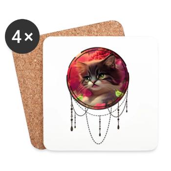 Cute kitten with birds - Coasters (set of 4) - white - Front