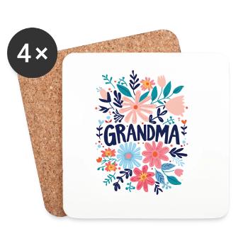 Texte de grand-mère Doodle avec des fleurs colorées - Mamie - Dessous de verre (lot de 4) - blanc - Devant