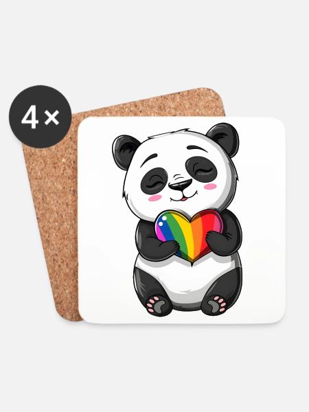 Panda-Karikatur mit einem Pride-Regenbogenherz - Untersetzer (4er-Set) - Weiß