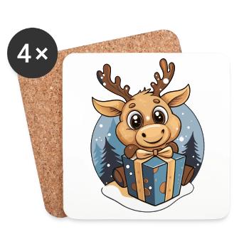 Cute moose with gift at Christmas - Coasters (set of 4) - white - Front
