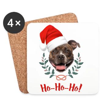 Tête de staffie bringé avec bonnet de père Noël - Dessous de verre (lot de 4) - blanc - Devant
