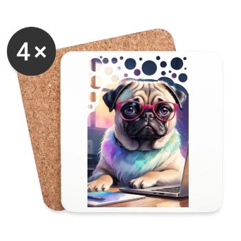 Bürohund Mops mit Laptop und pinker Brille Pop Art - Untersetzer (4er-Set) - Weiß - Vorne