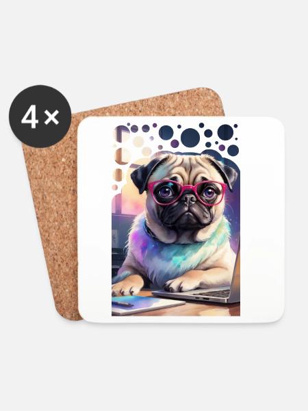 Bürohund Mops mit Laptop und pinker Brille Pop Art - Untersetzer (4er-Set) - Weiß