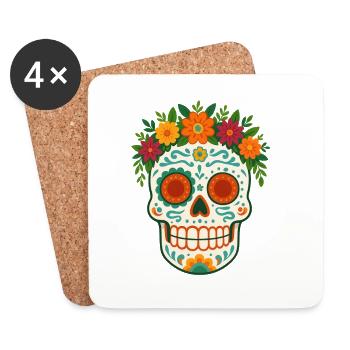 Skull and crossbones with floral wreath Día-de-los-Muertos - Coasters (set of 4) - white - Front