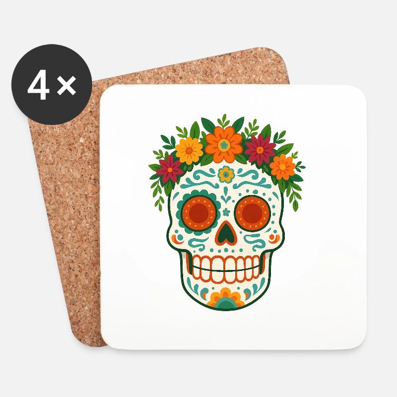 Totenkopf mit Blumenkranz Día-de-los-Muertos - Untersetzer (4er-Set) - Weiß