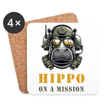 Hippopotame en mission - Conception militaire - Dessous de verre (lot de 4) - blanc - Devant